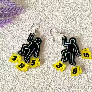 Crime Scene Chalk Outline Dangle Novelty Earrings - Black and Yellow
